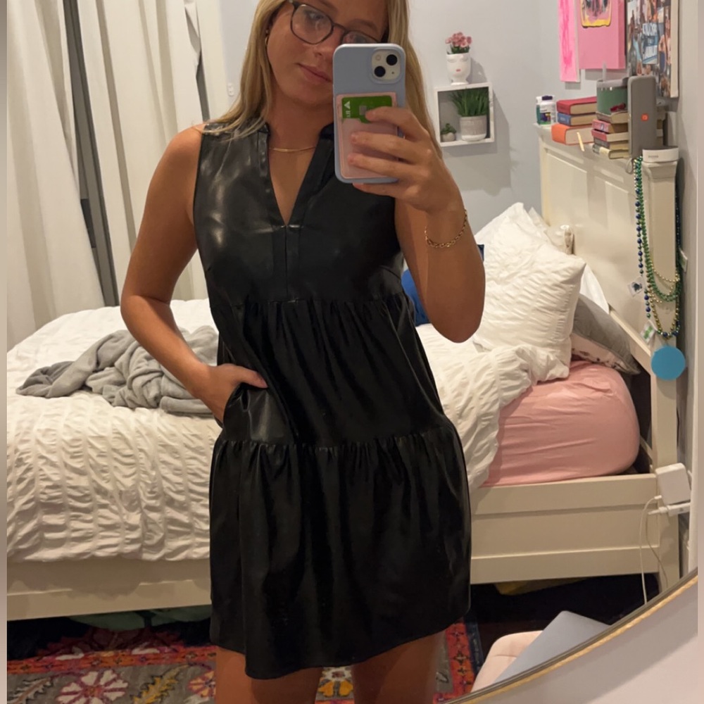 TART BLACK LEATHER TIERED DRESS